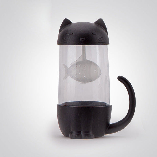 Lovely Glass Cup Tea Cat with Fish Filter Strainer Glass Cup Tea Infuser Filter Mug Home Office Container Gift